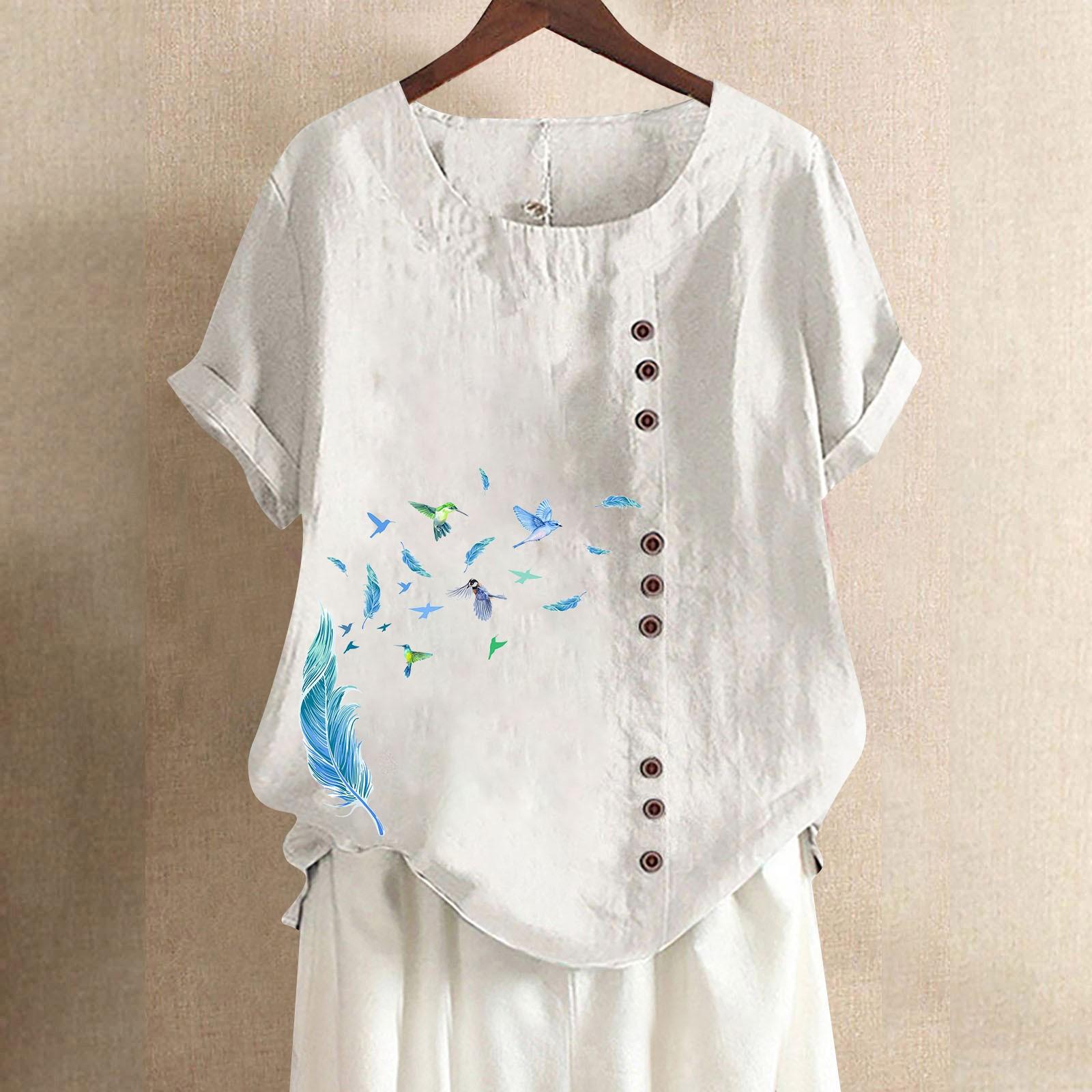 

Ladies Fashionable And Casual Cotton And Linen Short-sleeved Top With Buttons, Round-neck Floral Print T-shirt XL білий