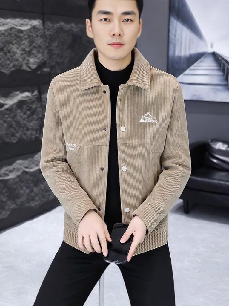 Men's 2024 Korean Style Corduroy Jacket - Velvet-Lined, Thick, Lapel Design for Autumn and Winter