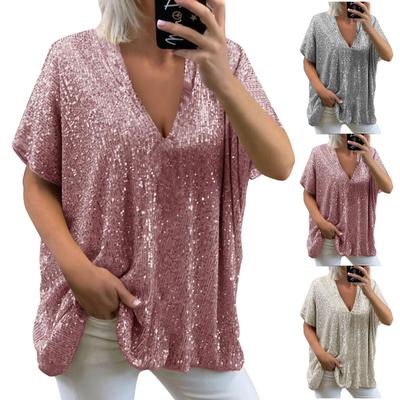 Womens Short Sleeve V Neck Glitter Sequins Loose Blouse Tops
