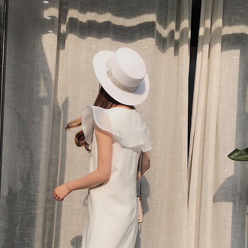 Flat Top Hat Women's Summer Rhinestone Label Straw Hat Vacation Beach Sunscreen Sun Hat Fashion Flat Brim White Top Hat