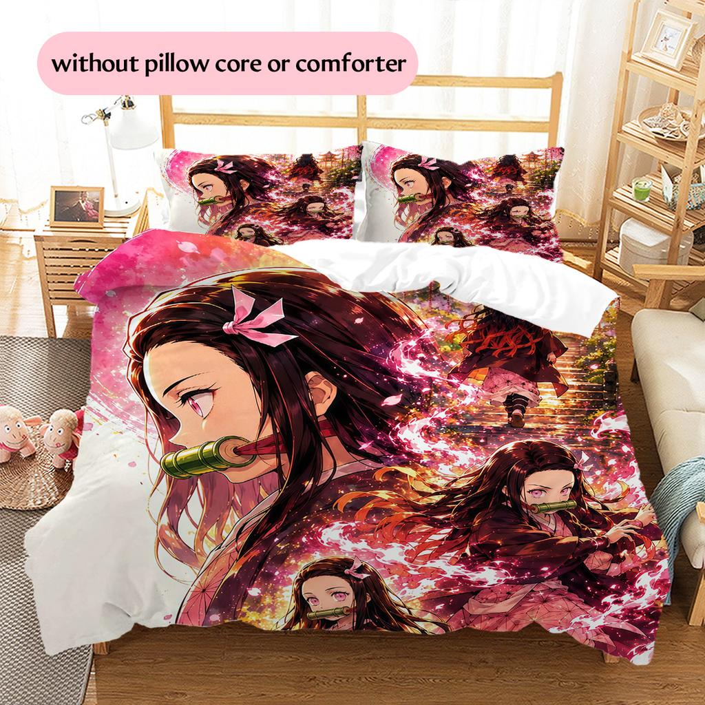 Nezuko Kamado Pattern Bedding Quilt Set Home Decoration Gift (1 * duvet cover + 2 * pillowcase without core)