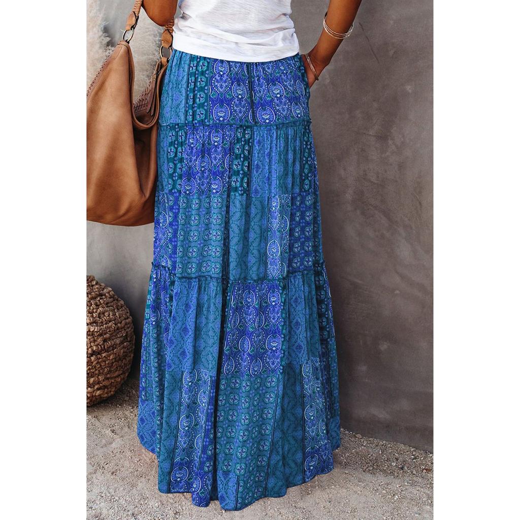 Women's Fashion Bohemian Print Elastic Waist Skirt Loose Casual High Waist Tie Long Skirt