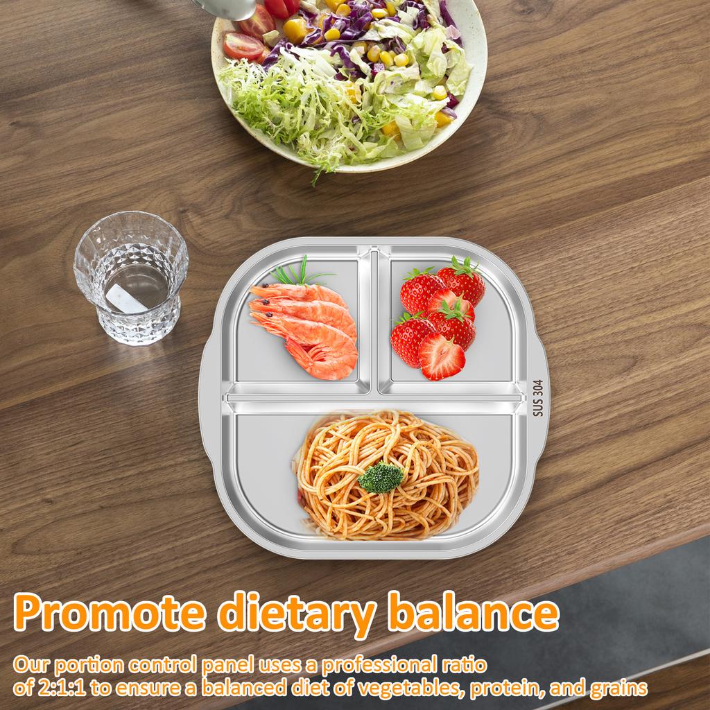 2 Pcs 304 Stainless Steel Dining Tray 3 Compartments Snack Fruit Plate Reusable Divided Dinner Plates for Home School Restaurant