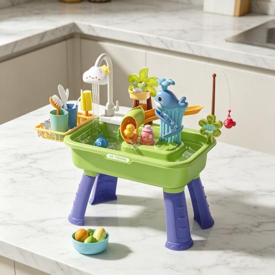 Toddlers Sand And Water Table Toy, with Faucet, Play Food Accessories, Fishing Toy, Kitchen Play Sink Toy with Electric Water Pump for Boys, Girls