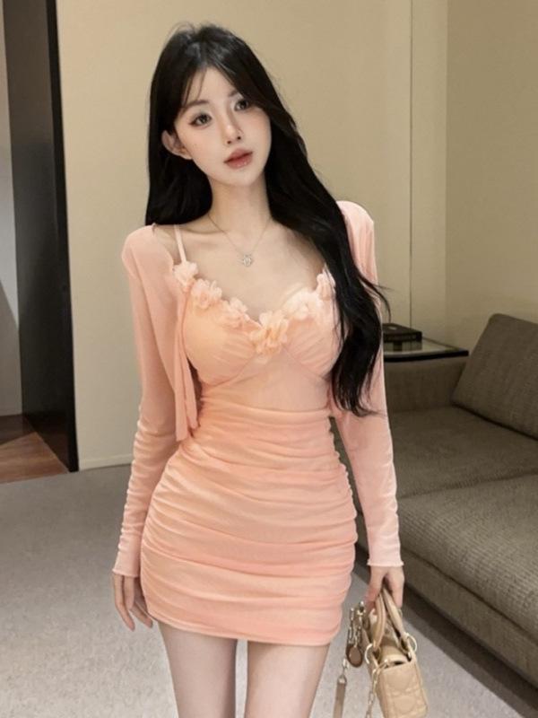 Sexy Nightclub Women's Floral Two-Piece Set: Long-Sleeve Cardigan and Low-Cut Spaghetti Strap Short Skirt