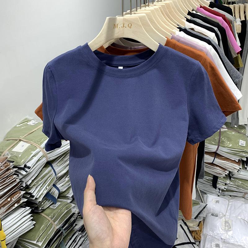 Women's Slim-Fit Pure White Cotton Round Neck Short-Sleeve T-Shirt for Spring/Summer