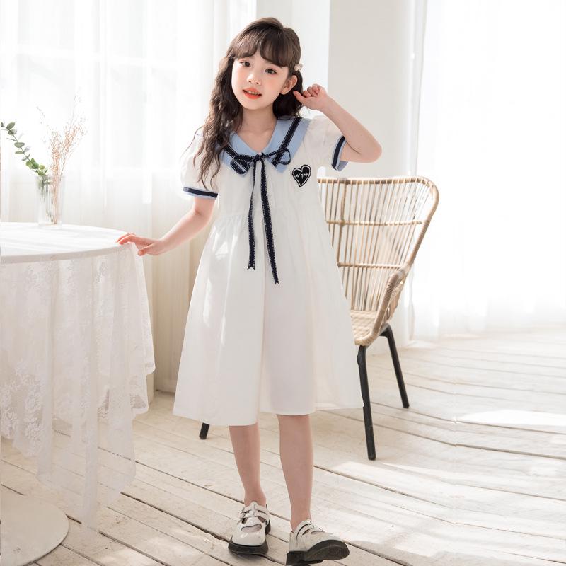 Girls' Cotton Short-Sleeve College Style Dress with Turn-Down Collar – White, Summer 2025