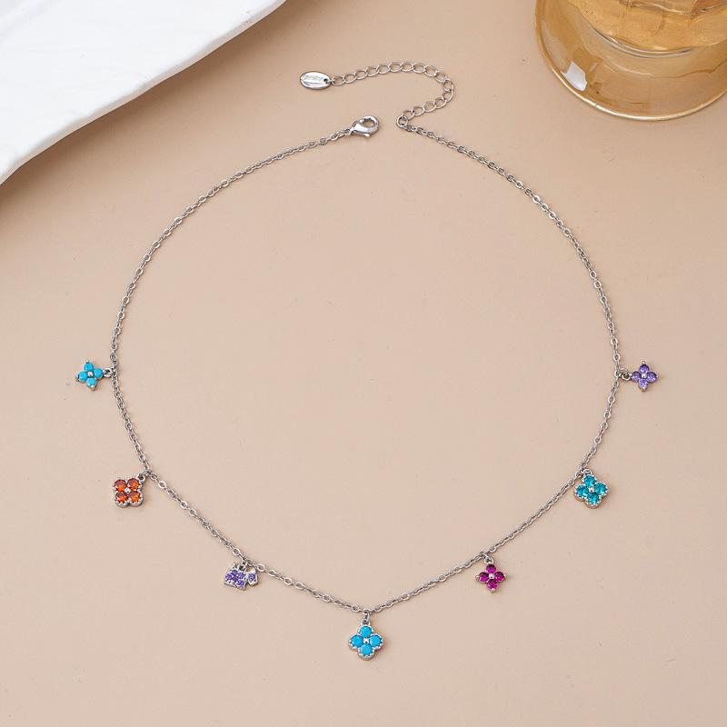 Light luxury color four-leaf flower bracelet necklace female niche multi-flower contrasting color collarbone chain high-grade zircon neck chain