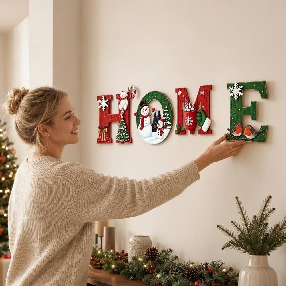 4 Pcs Self Adhesive Home Letter Decor Wooden Wall Decor Cartoon Christmas Wall Decoration Porch