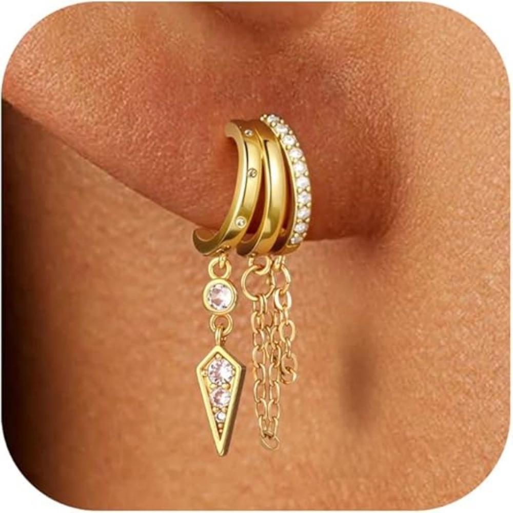 14k Gold Plated Triple Huggie Stud Earrings for Women Sparkling CZ Chain Tassel Hypoallergenic Dangle Earrings Jewelry Gifts