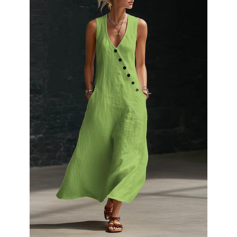 

Women s Cotton Linen Maxi Dress Sleeveless V Neck Side Button Loose Casual with Pockets Spring Summer Vacation Daily Dress 3XL зелений