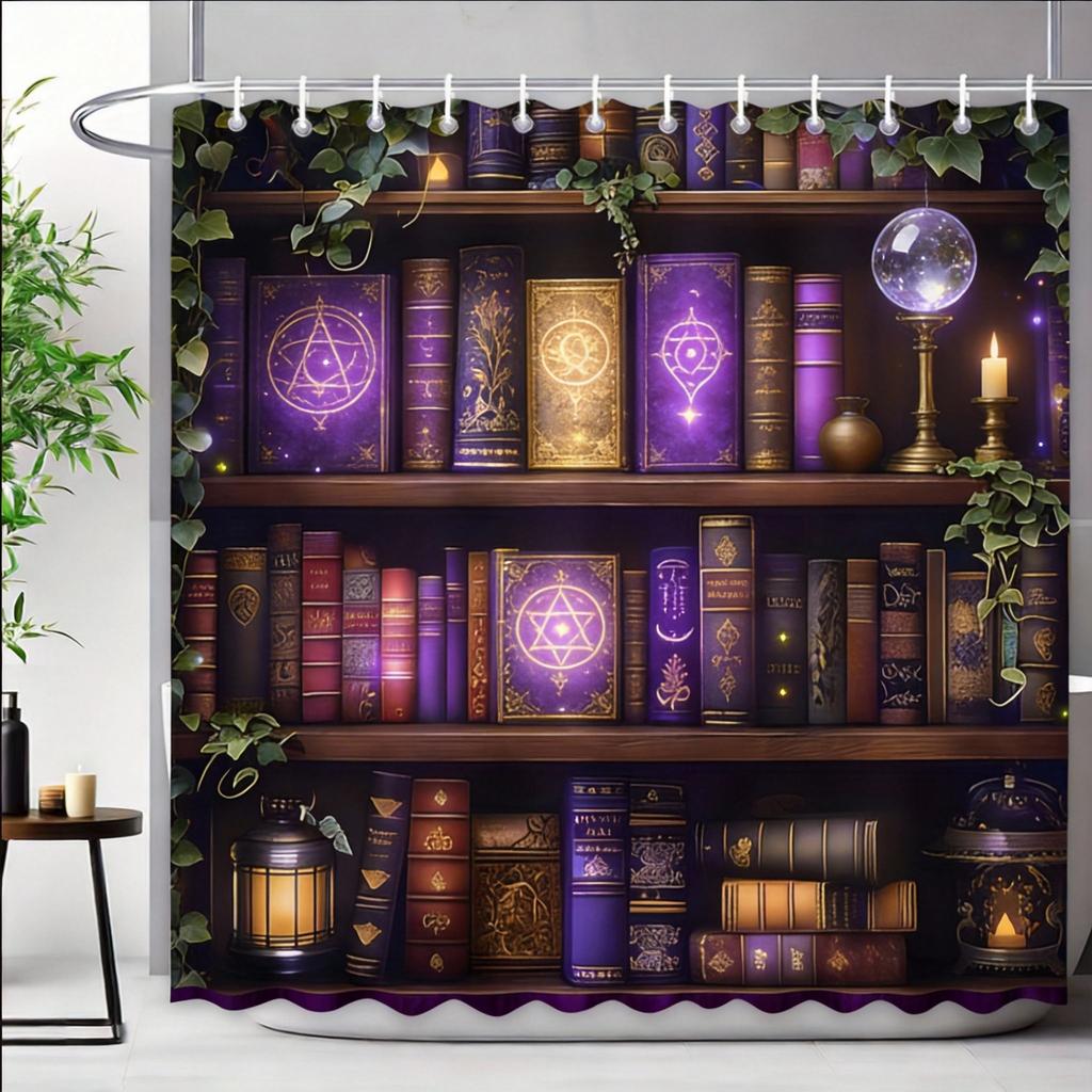 Tenda da Doccia Vintage Biblioteca 180x180cm – Design Scaffale Libri Verde, Decorazione Bagno Retrò Regalo, 12 Ganci