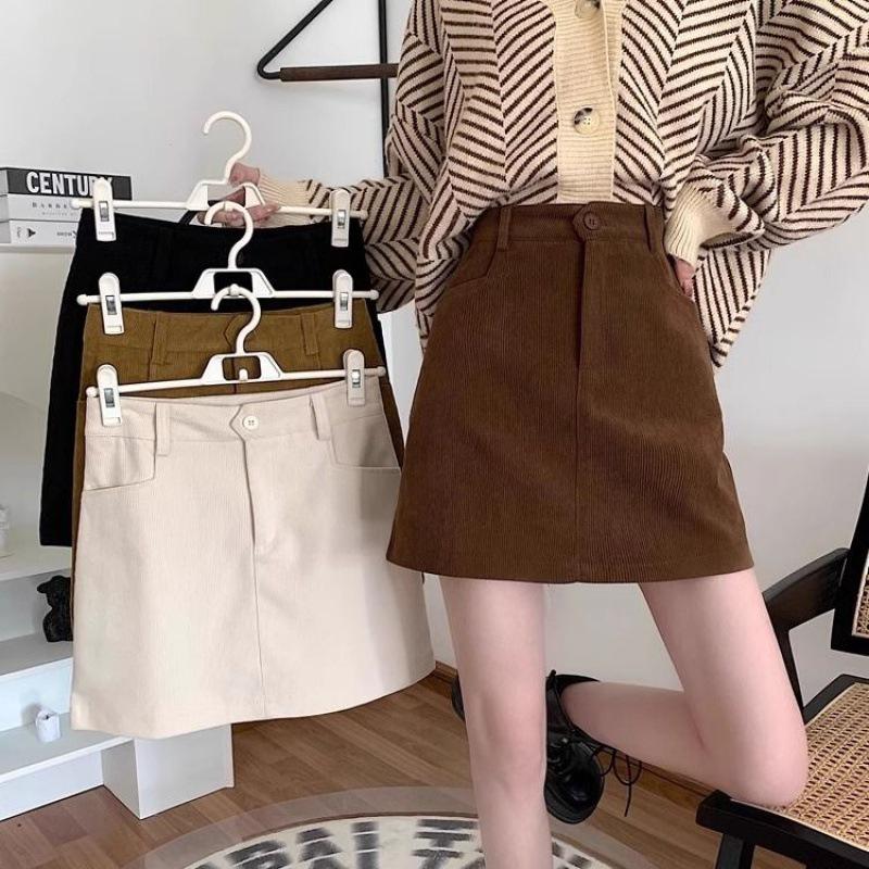 2024 Spring/Summer Retro Corduroy High-Waisted A-Line Midi Mini Hip Wrap Skirt for Women