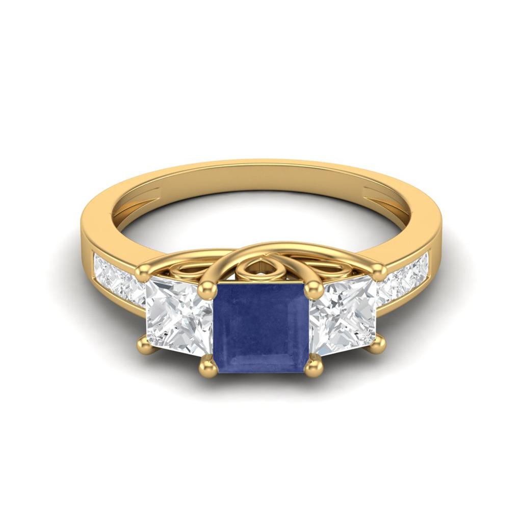 2.75 Cts Square Three Stone Blue Sapphire 925 Sterling Silver Gold Vermeil Women Engagement Ring