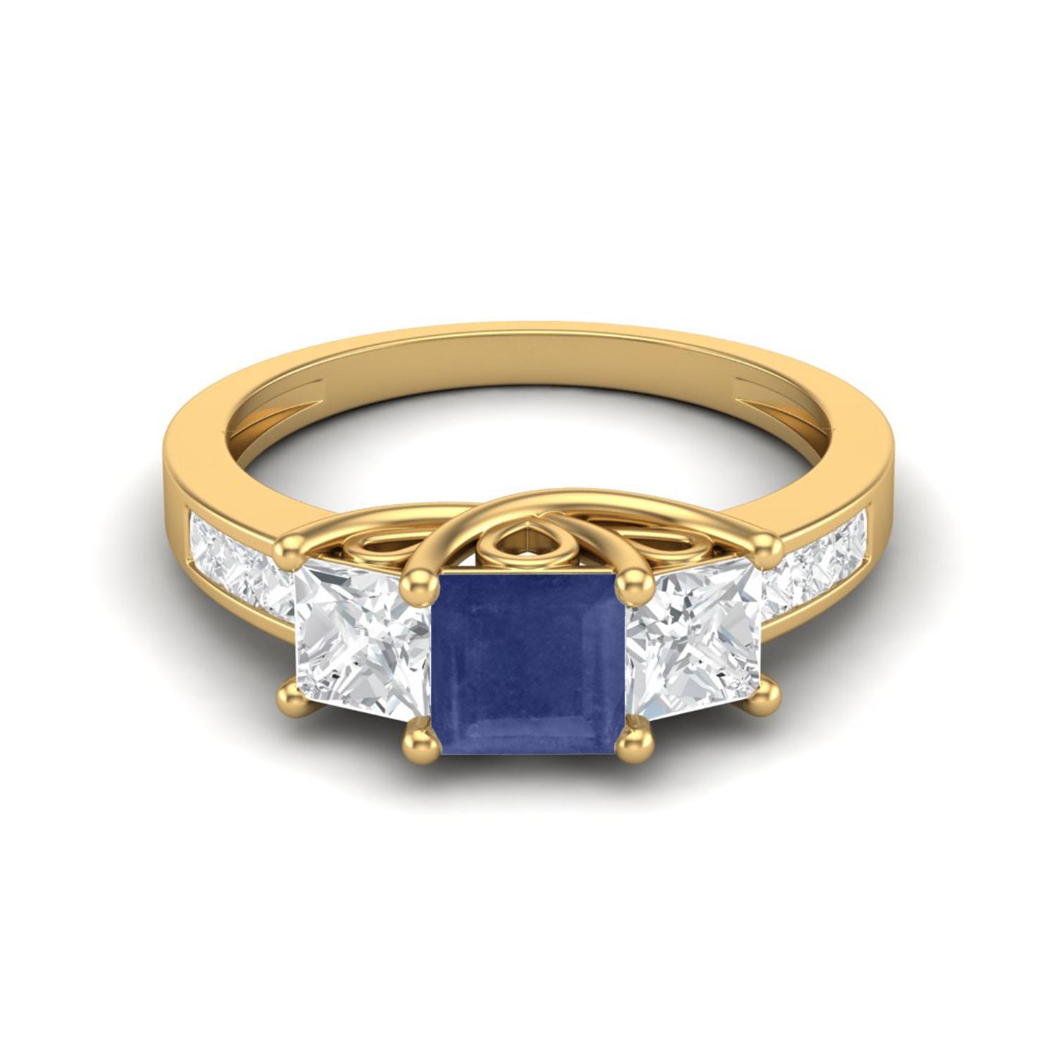 2.75 Cts Square Three Stone Blue Sapphire 925 Sterling Silver Gold Vermeil Women Engagement Ring