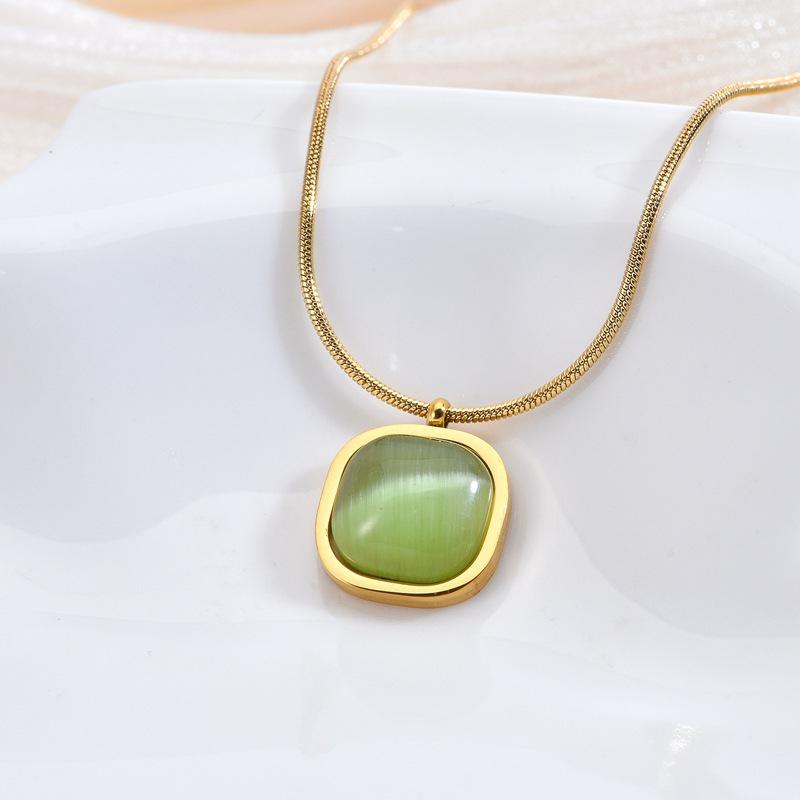 Bohemian Style Titanium Steel Green Square Pendant Necklace for Women