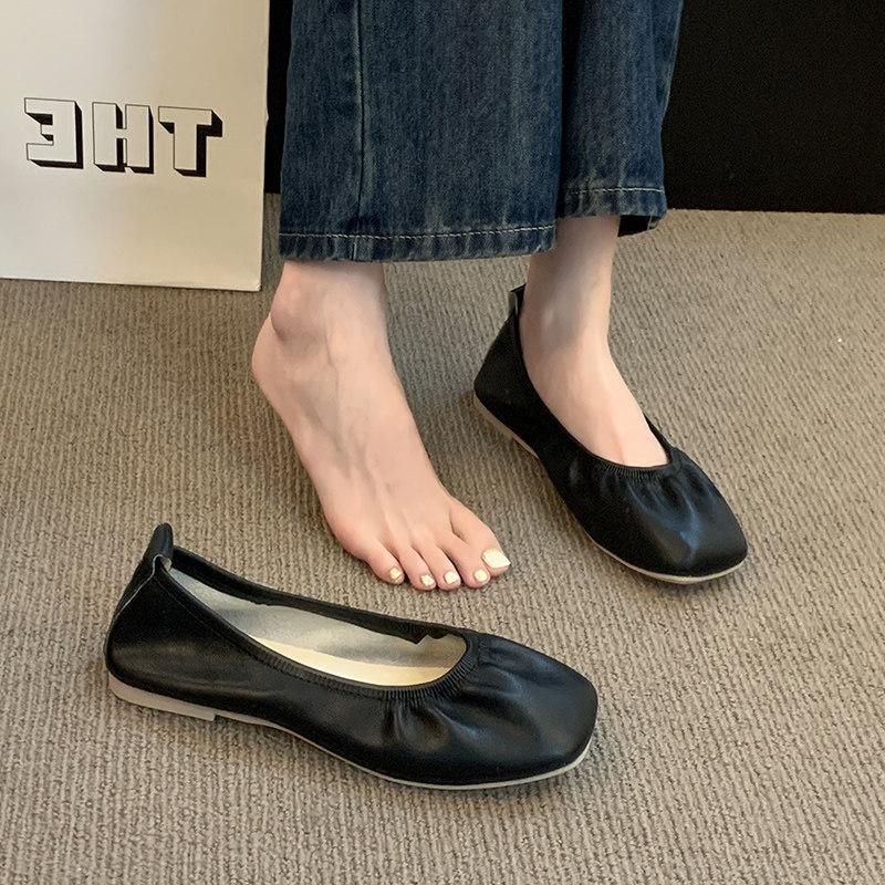 Women Soft Leather Ballet Flats Comfortable Square Toe Slip Shoes Street Style Ladies Casual Daily Wear Dress Loafers Shoes