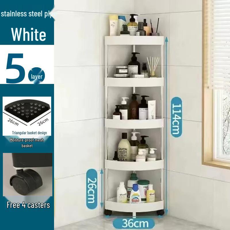 Compact Triangular Bathroom Storage Rack: Multi-Layer, Floor-Standing, Moveable Corner Organizer.
