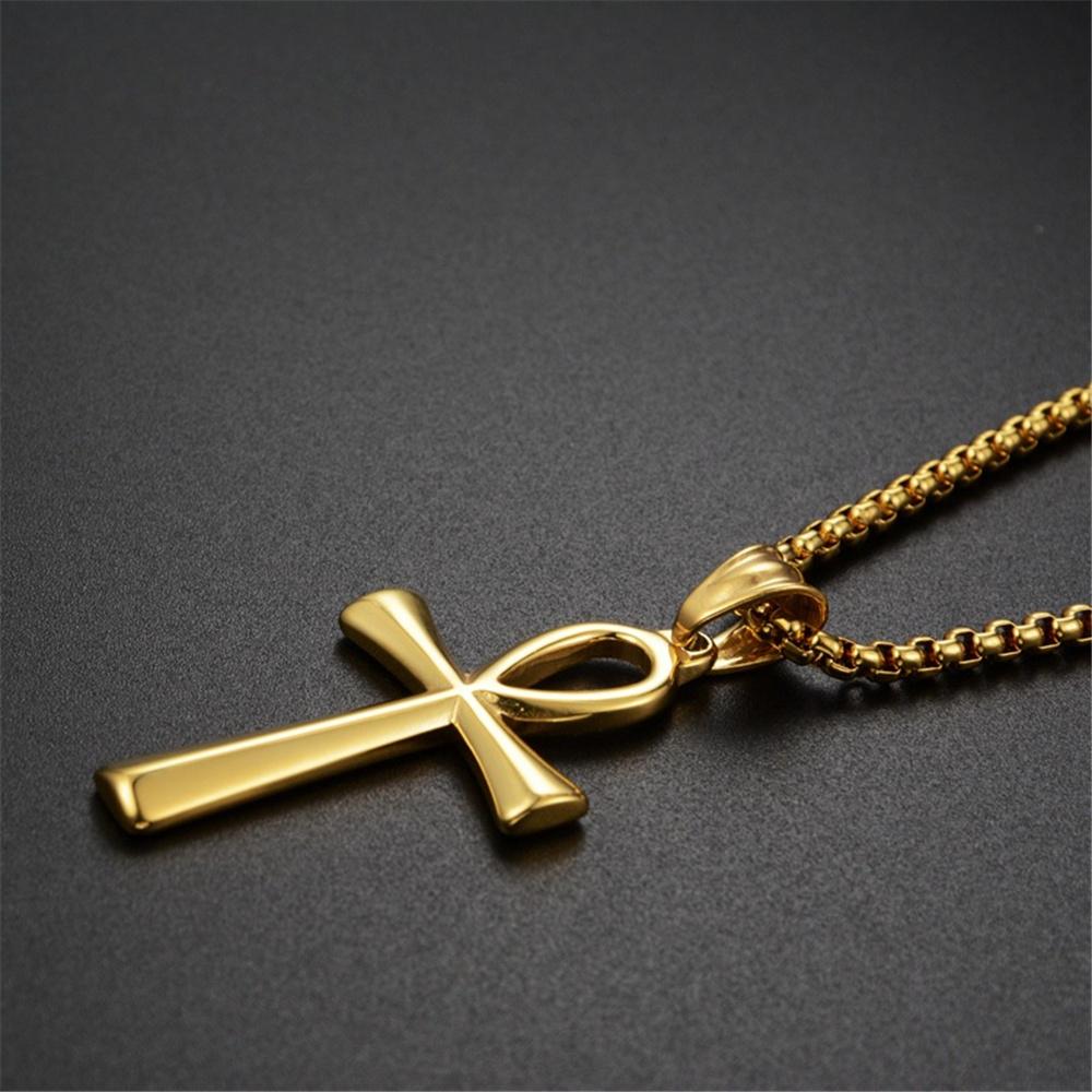 Egyptian Ankh Cross Necklaces Pendants Gold Color Stainless Steel Hieroglyphs Amulet Necklaces For Women Men Egypt Jewelry Gifts