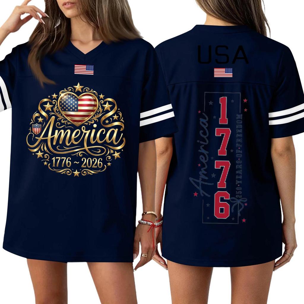 Damen Casual Mode V-Ausschnitt Sport Unabhängigkeitstag Druck Kurzarm Sport T-Shirt Top