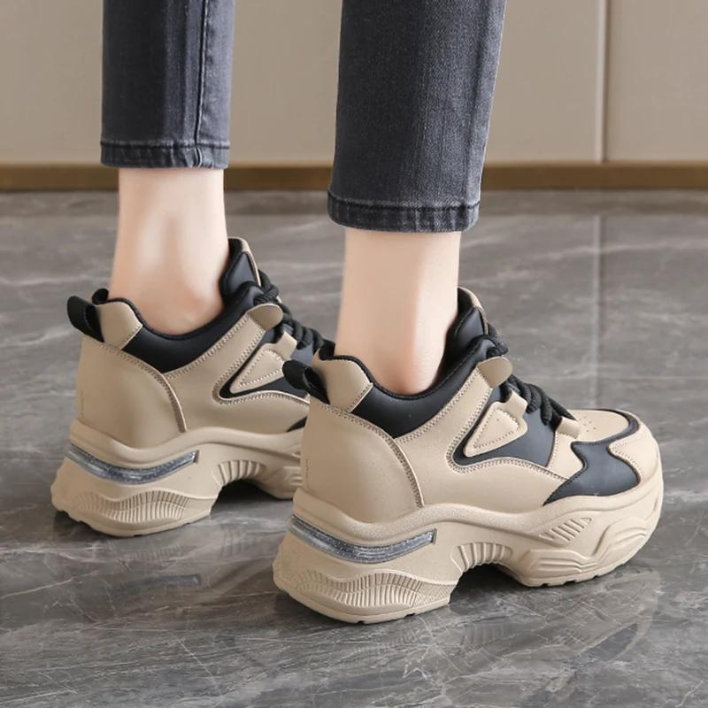 Mode Plateau Damen Sport Sneaker Schnürschuhe Dicke Sohle Vulkanisierte Schuhe Frau Frühling Herbst PU Leder Atmungsaktiv Klobige Laufschuhe