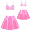 Womens Wet Look Patent Leather Set Wire-free Bra Top with Zipper Flared Skirt for Lingerie Night Club