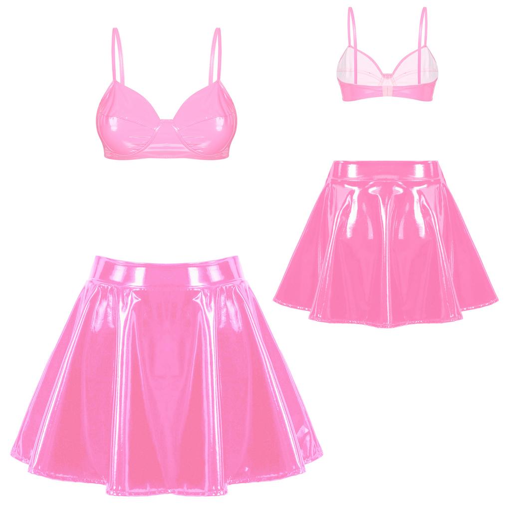 Womens Wet Look Patent Leather Set Wire-free Bra Top with Zipper Flared Skirt for Lingerie Night Club