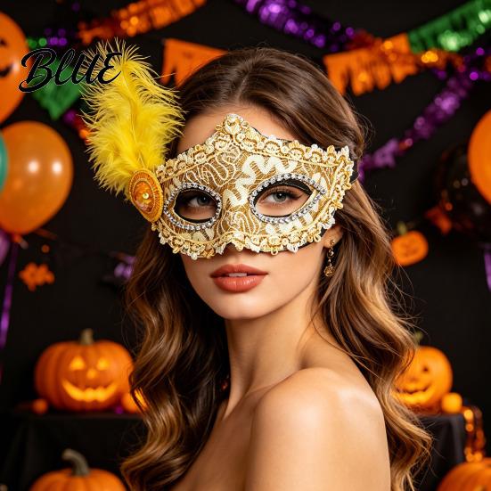 High End Ball Mask Halloween Princess Half Face Mask Venetian Masquerade Party Elegant with Lace Feather Rhinestones Adjustable Ribbon Women