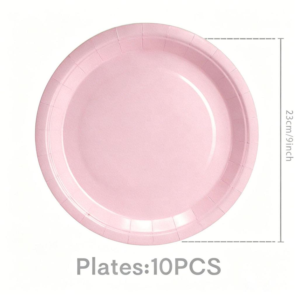 In-Stock Pink Solid Color Round Tableware Set: Paper Plates, Cups, Napkins, Knives, Forks, Spoons for Birthday Parties