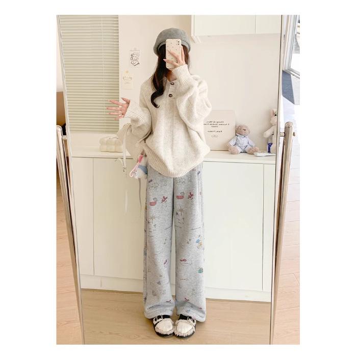 

Women s Autumn/Winter Fleece-Lined Cartoon Print Wide-Leg Sweatpants - New Style Extra Large