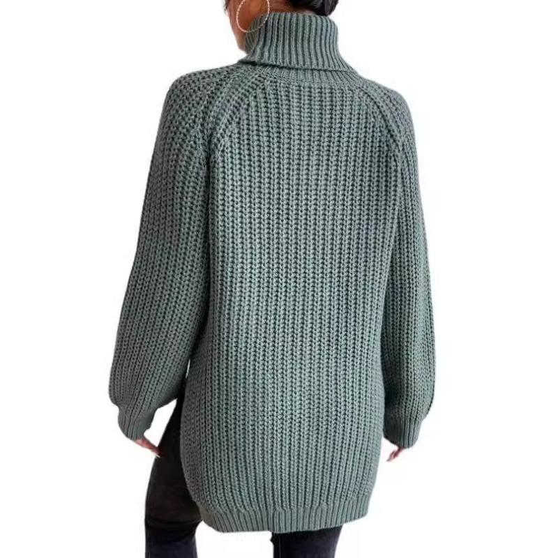 Autumn Winter Turtleneck Women Sweater New Fashion Loose Plus Size Casual Knitted Pullover Sweaters Solid Color Split Elegant Long Sleeve Sweater 1151
