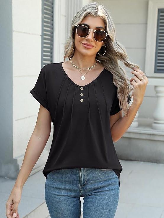 Women's V-neck Pleated Button Short Sleeve Casual Top