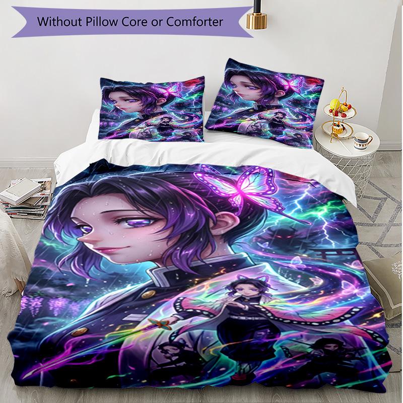 3pcs Duvet Cover Set (1*Duvet Cover + 2*Pillowcase, Without Core), Demon Slayer Print Soft All‑Season Bedding Set, Home Bedroom Decor Gift