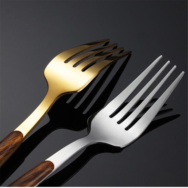 5PCS Stainless Steel Portuguese Tableware Sets Clip Wooden Handle Knife Fork Spoon Gold Cutlery Set Household Utensils for Kitch