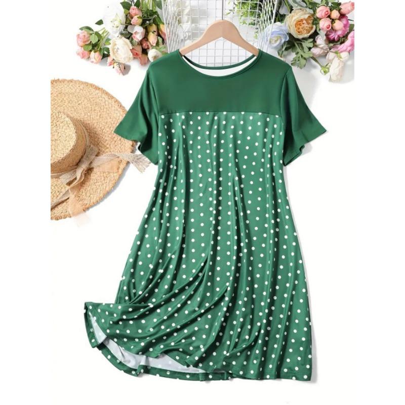 Spring Summer Polka Dot Round Neck Short Sleeved Sleeping Skirt Comfortable Dress for Women