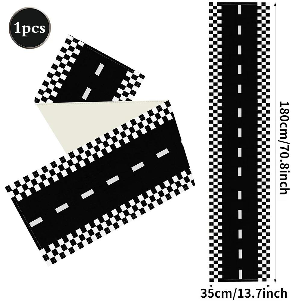 

1Pcs Racetrack Table Runner Race Car Black White Checkered Tablecloth Reusable Racing Road Track Boy Birthday Party Decorations