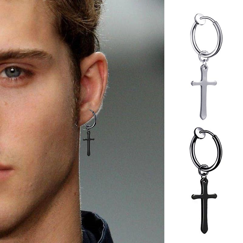 2PC Punk Stainless Steel Small Hoop Earrings for Men and Women Gothic Cross Ear Ring Pop Hip Hop Piercing Ear Studs Zircon