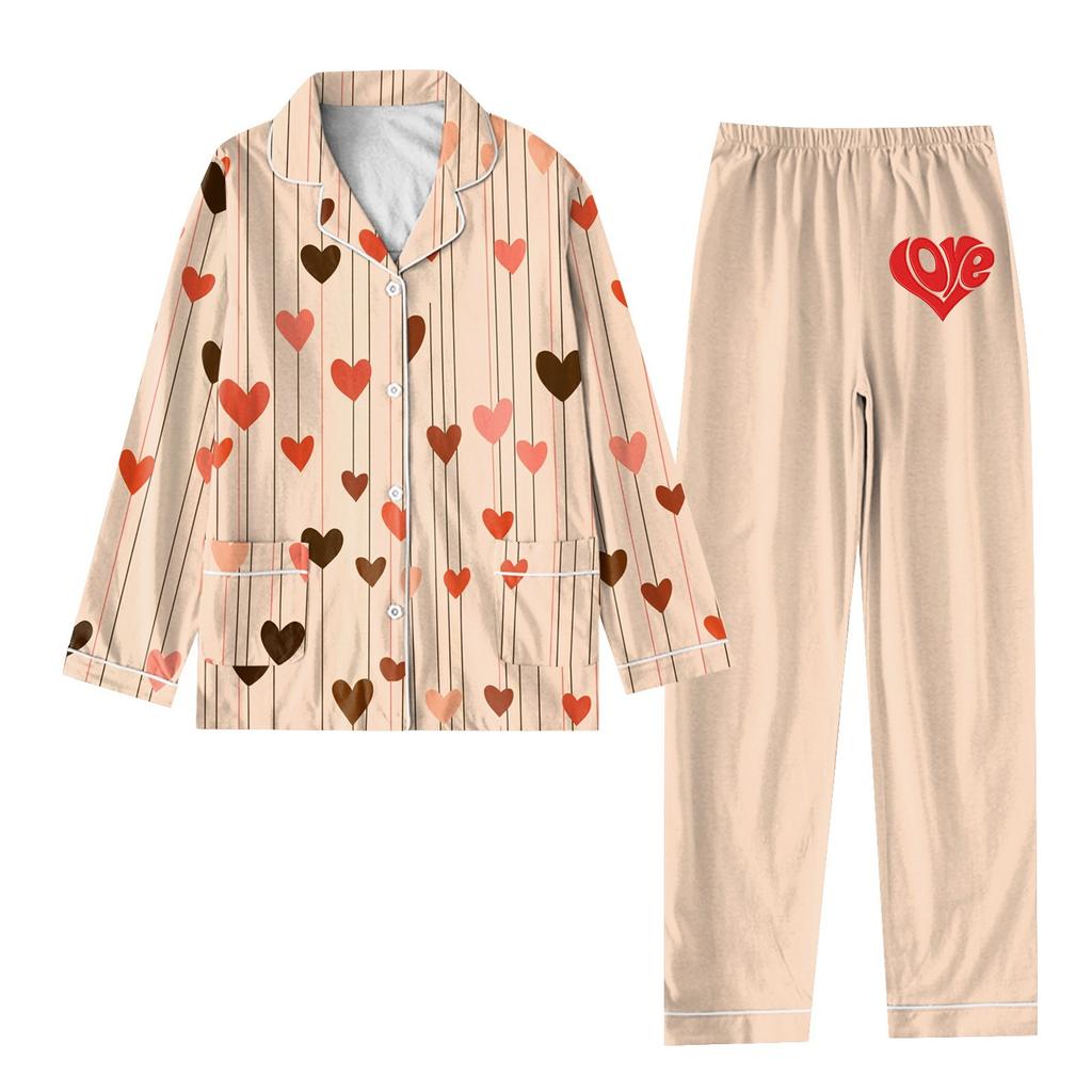 2-teiliger bedruckter Damen-Anzug, langärmelig, Oberteil mit Knopfleiste, weite Hosen, Anzug-Set, Schlafanzug, Home-Casual-Anzug