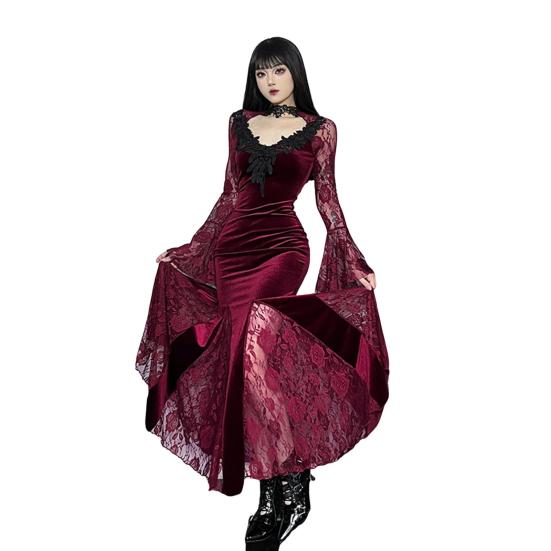 Kvinnor Cosplay Klänning Mörk Stil Halloweenfest Kostym Spetslappverk Blomsterbroderi Fiskstjärtsfåll Långa Ärmar Åtsittande Midja A-linje Prestanda