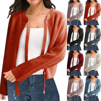 Women‘s Round Neck Long Sleeve Lace-Up Fitted Cardigan Coat