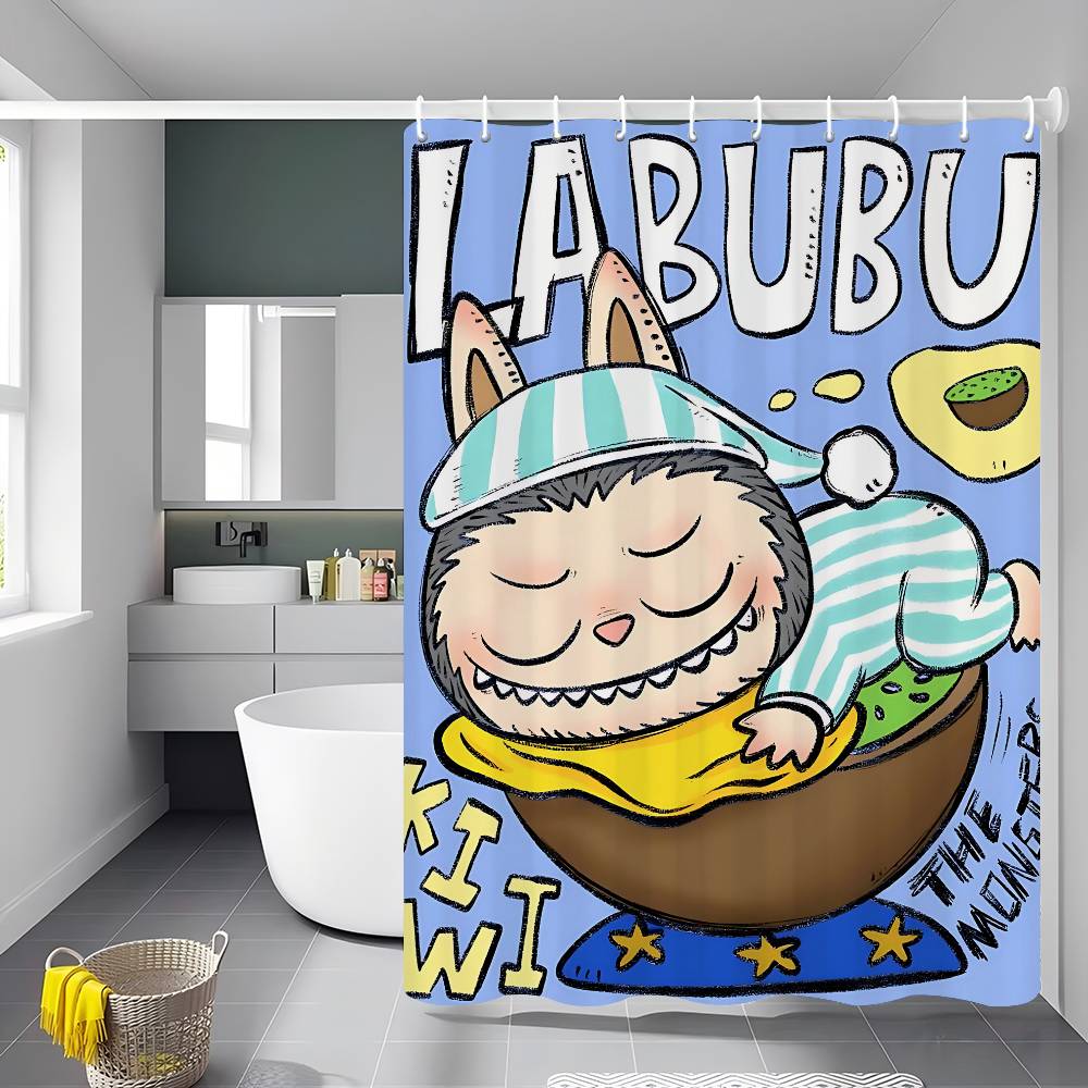 Cute L-labubu Cartoon Shower Curtain Bath Curtain Print Polyester Fabric Waterproof Bathroom Curtains With Hooks Bath Screen