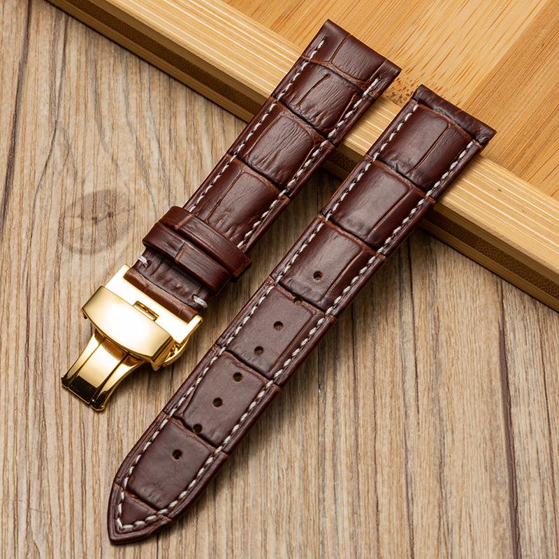 Bamboo Pattern Genuine Leather Watch Strap with Soft Cowhide and Butterfly Buckle for Men and Women