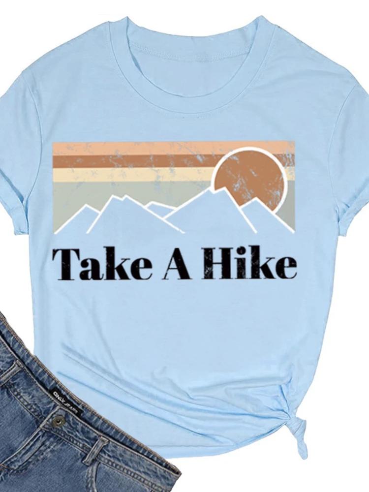 

Футболка с принтом «Take A Hike Mountain Sunrise» для женщин с коротким рукавом и круглым вырезом, свободная женская футболка, женские футболки, топы, женские рубашки XXXL небесно-голубой