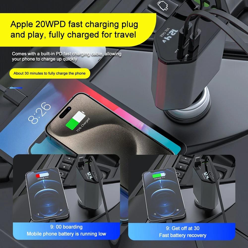 4 In 1 Car Charger 120W Super Fast Charging PD 3.0 with LED Display Cable  Power Adapter for IPhone 16 15 14 13 Pro Xiaomi Samsung