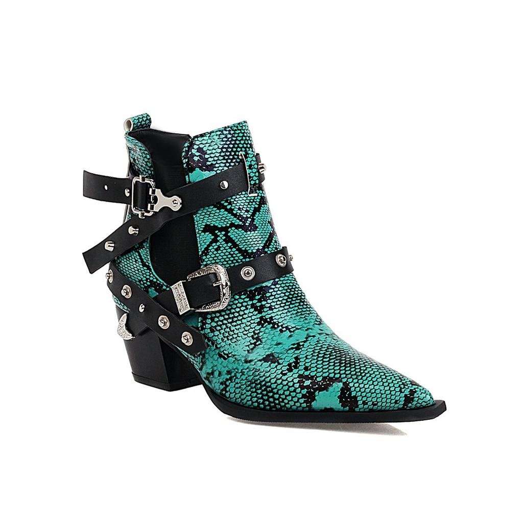 Fashion 40-45 Plus Size Sexy Snake Pattern Stretch Riding Botas High Heels Chelsea Bottes Pointed Toe Belt Buckle Ankle Boots Women 2025