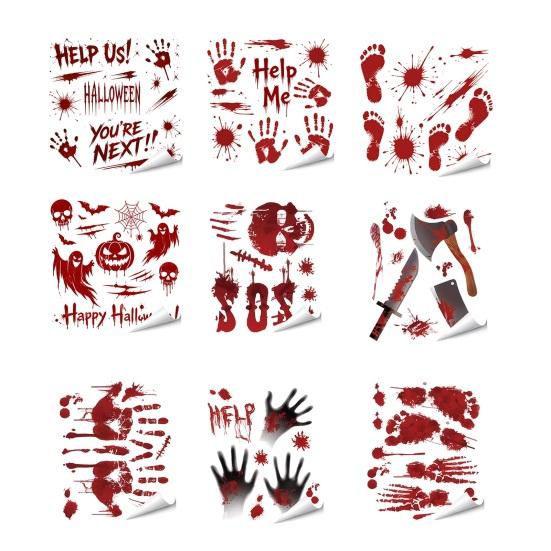 Atmospheric Haunted House Accents Halloween Horror Stickers, with Spooky Handprints Footprints Printed, Creepy Text Decals Self-adhesive Decals,