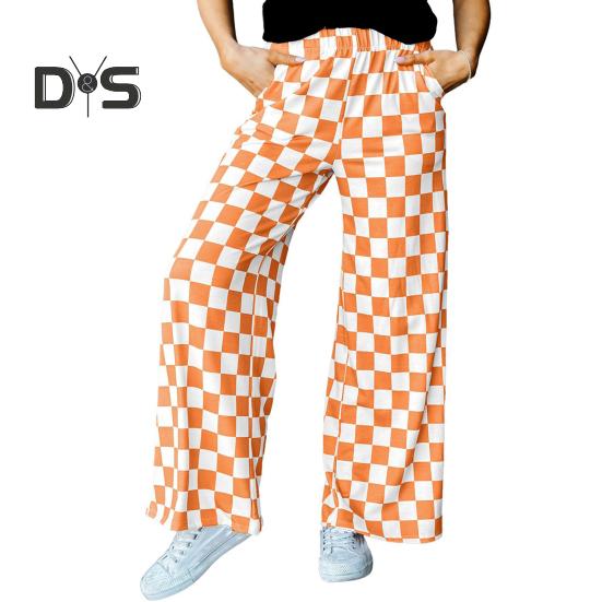 Damenhose, elastisch, hohe Taille, karierter Druck, weites Bein, Freizeithose, lockere Passform, Hose für Urlaub, Arbeit, Alltag