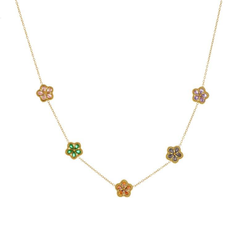 Vergoldetes Edelstahl Mehrfarbiges Blumenkristall Schmuckset (Halskette + Ohrringe) für Frauen