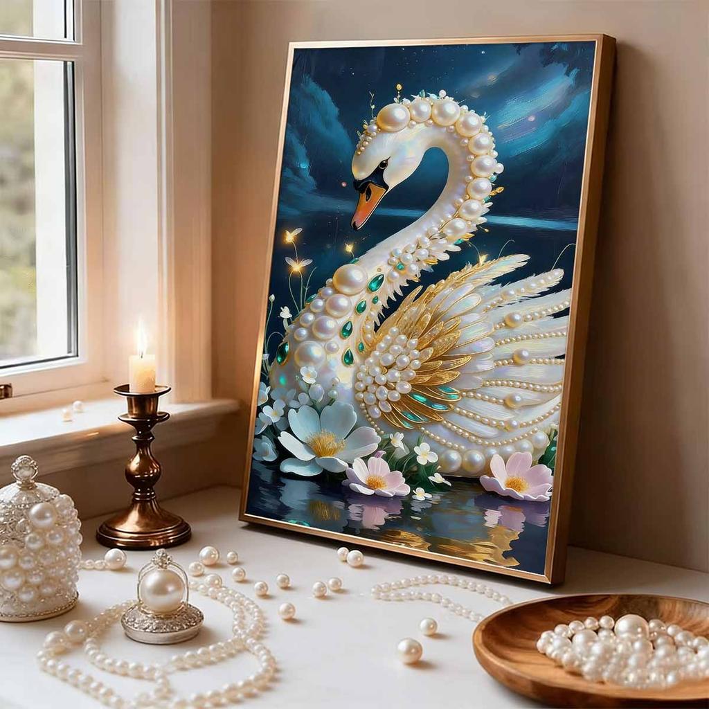 5D DIY Frameless Pearl Painting Swan Pattern Painting Kit, Suitable for Home Living Room Bedroom and Other Wall Decoration Art Paintings