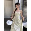 New Chinese Ink Painting Floral Suspender Dress for Women's Summer New Pleated Waist Temperament Beach Vacation Dress